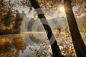 Beautiful autumn sunrise scenery of TrakoÅ¡Ä‡an Castle on the hill reflected in the lake in Croatia, county hrvatsko zagorje