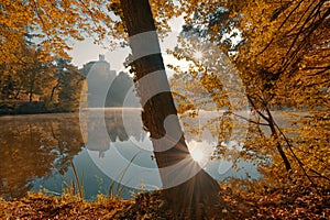 Beautiful autumn sunrise scenery of TrakoÅ¡Ä‡an Castle on the hill reflected in the lake in Croatia, county hrvatsko zagorje