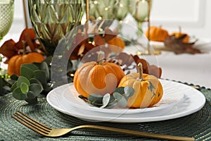 Beautiful autumn table setting. Plates, cutlery, glasses, pumpkins and floral decor, closeup
