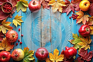 Autumn frame with pomegranate, apple and fall leaves. Fall background. Autumn frame with pomegranate, apple and fall leaves over photo