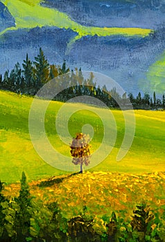 Beautiful autumn tree on hill in mountains painting on canvas. Sunny autumn landscape