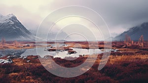 Beautiful Autumn Tundra: Foggy Wilderness And Majestic Mountains