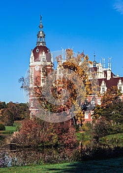 A beautiful autumn view of the castle in Bad Muskau, Saxony, Germany