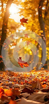 Beautiful autumn view with colorful foliage in the park. Falling leaves background with copy space and selective focus.