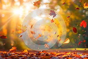 Beautiful autumn view with colorful foliage in the park. Falling leaves background with copy space and selective focus.