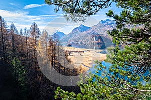 Beautiful autumn view of Lake Sils and Plan Grand in Engadine Valley, Switzerland