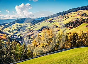 Beautiful autumn view of Santa Magdalena village. Colorful morning landscape of Dolomite Alps, Italy, Europe. Beauty of countrysid