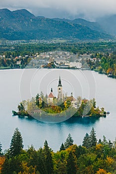 Beautiful autumnal aerial panoramic view of Lake Bled, Slovenia, Europe (Osojnica)