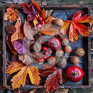 Beautiful autumnal background with colourful leaves and chestnuts generated by artificial intelligence