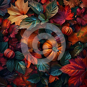 Beautiful autumnal background with colourful leaves and pumpkin generated by artificial intelligence