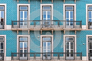 Beautiful azulejos adorn a residential building, Lisbon, Portugal