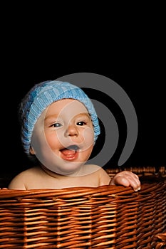 Beautiful babe on a black background in the basket