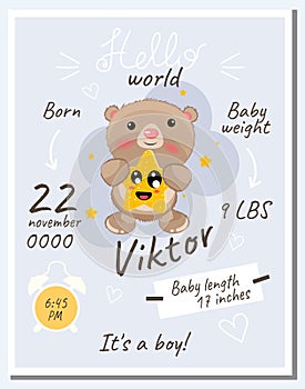 Beautiful babies poster with cute bear, height, weight, date of birth.