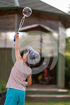 Beautiful baby boy with child soap bubbles posing photographer for cool photo