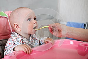 Beautiful baby eats porridge from mom's hand. He is sitting on a pink children' chair.