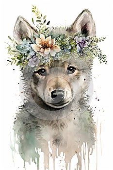 Beautiful baby face wolf portrait with flowers crown on white background. Art design, portrait. Beautiful illustration