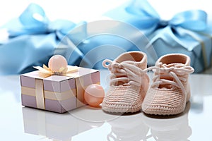 Beautiful baby gifts tiny bootees, blank postcard, and a pacifier on white