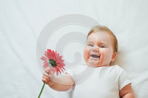 Beautiful baby holding a flower on white background