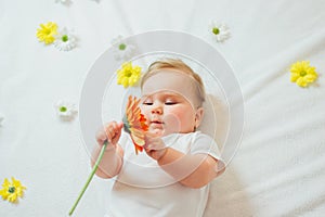 Beautiful baby holding a flower on white background