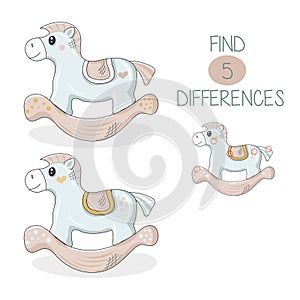 Beautiful baby horse. Logic puzzle game for children. Need to find 5 differences. Vector cartoon illustration isolated