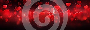 Beautiful background banner with red hearts, lights, sparkles and bokeh. Valentine's Day. Panoramic web header with