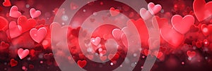 Beautiful background banner with red hearts, lights, sparkles and bokeh. Valentine's Day. Panoramic web header with