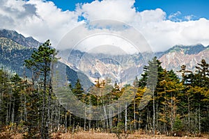 Beautiful background of the center of Kamikochi national park by snow mountains, rocks, and Azusa rivers from hills covered