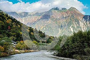 Beautiful background of the center of Kamikochi national park by snow mountains, rocks, and Azusa rivers from hills covered