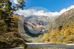 Beautiful background of the center of Kamikochi national park by snow mountains, rocks, and Azusa rivers from hills covered