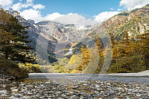 Beautiful background of the center of Kamikochi national park by snow mountains, rocks, and Azusa rivers from hills covered