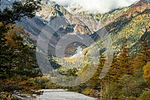 Beautiful background of the center of Kamikochi national park by snow mountains, rocks, and Azusa rivers from hills covered