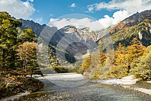 Beautiful background of the center of Kamikochi national park by snow mountains, rocks, and Azusa rivers from hills covered