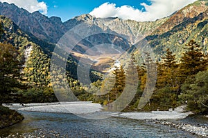 Beautiful background of the center of Kamikochi national park by snow mountains, rocks, and Azusa rivers from hills covered