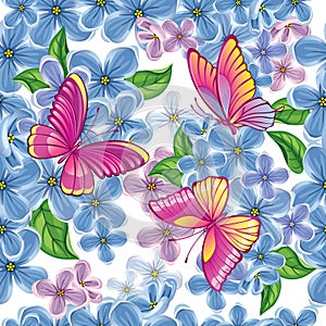 Beautiful background with drawn blue flowers and butterfly with colored wings. Blooming lilac. Spring garden. Vector.