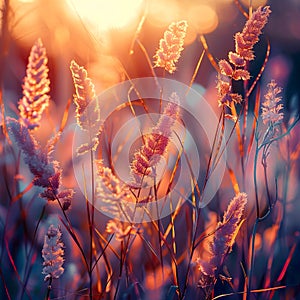 A beautiful background with grass in the sunset generated by artificial intelligence