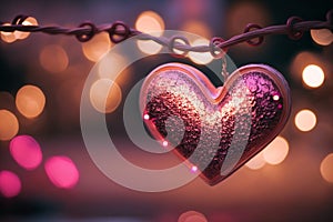 Beautiful background image of a pink heart on a chain against backdrop of festive light