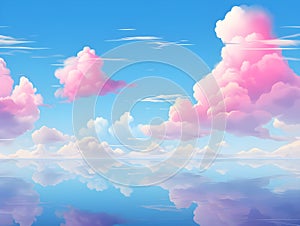 Beautiful background image of a romantic blue sky with soft fluffy pink clouds. Panoramic natural view of a dreamy sky