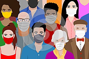 Beautiful background with multicultural cartoon people wearing face masks. Covid 19 safety measures.