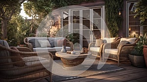 Beautiful backyard patio area with wicker furniture set
