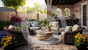 Beautiful backyard patio area with wicker furniture set, Generative AI
