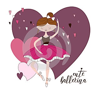 Beautiful ballerina in classical tutu. Hand drawn illustration of cute girl in pink dress. Pretty dancer. Cartoon vector