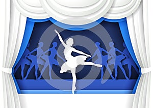 Beautiful ballerina dancing on stage. Vector illustration in paper art craft style. Classic ballet dancer performance.