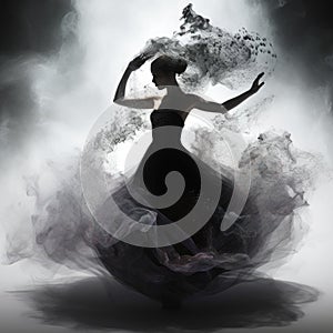 Beautiful ballerina dancing in the studio in magnetic powder and smoke. Generated AI