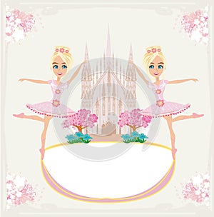 Beautiful ballerina - frame with a castle and flowers