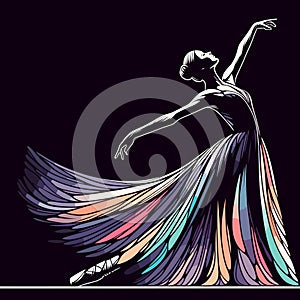 Beautiful ballerina in a long elegant colorful dress. Vector illustration, ballet performer, graphic, generative ai