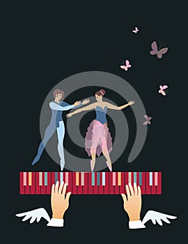 Beautiful ballet dancers and butterflies over multi-colored piano keys isolated on a black background.