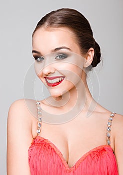 Beautiful ballroom dancer girl portrait red dress