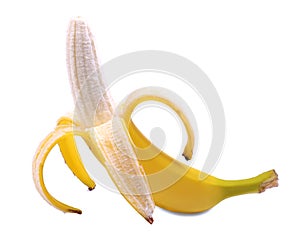 A beautiful banana peeled in half. A tasteful open banana isolated on a white background. Exotic and tropical summer fruits.