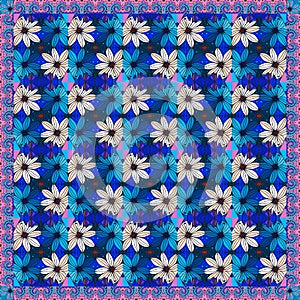 Beautiful bandana print with daisies. Silk neck scarf or kerchief square pattern.