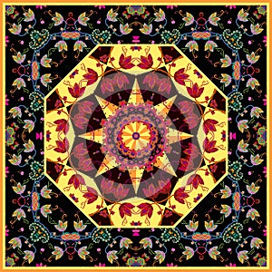 Beautiful bandana print with mandala and floral ornament. Kerchief design with bellflowers. Square pattern for cushion, tablecloth